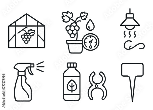 Vineyard icons: greenhouse, grapes, irrigation, thermometer, lighting, tools