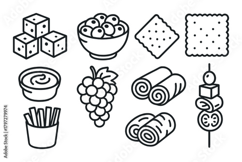 Vector icons of snacks and food items including fruits, crackers, and wraps