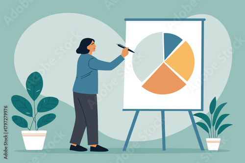 A focused office worker in a modern workspace updates a colorful pie chart on a whiteboard, illustrating business growth and strategy.