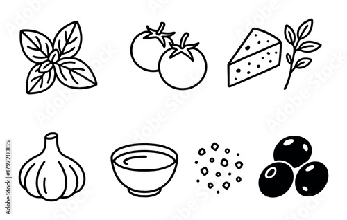 Italian cuisine icons: basil, tomato, cheese, garlic, olive oil, spices, olives