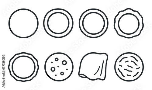 Set of eight unique circle and wave outline icons on dark background