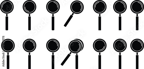 Magnifying glass silhouette vector set, black search icons, pattern recognition designs, editable clipart bundle, anomaly detection concept, analysis illustration