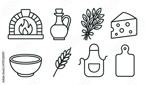 Rustic italian kitchen icons including oven, olive oil, wheat, cheese, bowl, apron, cutting board on green background