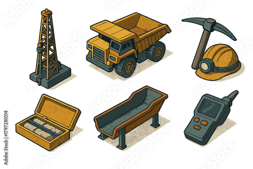 Isometric mining and construction equipment set featuring dump truck, drilling rig, and safety gear