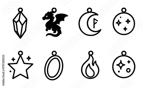 Set of eight black silhouette charms featuring dragon, star, moon, crystal, flame, and more