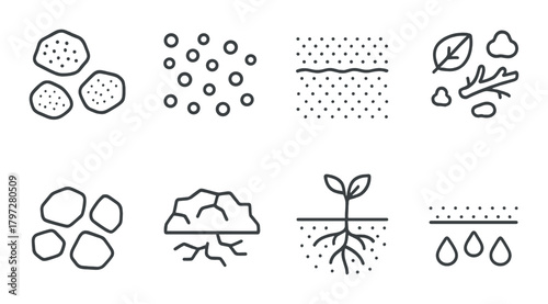 Soil pattern icons: textures, roots, plant growth and environmental elements in vector art