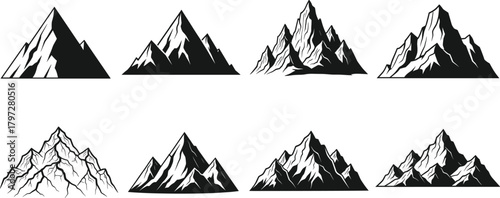 Mountain peak vector set, rugged terrain illustration, stylized alpine silhouettes, black and white graphic design, abstract nature elements, outdoor adventure icons