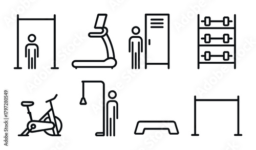 Gym equipment icons set on gradient background