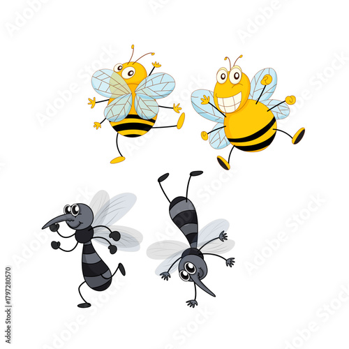 Cheerful Bees and Mosquitoes Cartoon Illustration Happy Insects in Playful Poses on White Background
