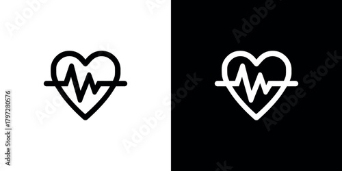 Heart Beat with White Line on Black and Transparent Background Icon