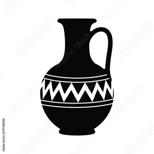 Black amphora vase with white zigzag pattern and handle on white background vector pottery ceramic