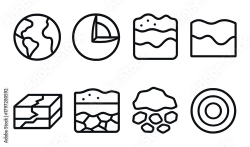 Geology icons set featuring earth diagrams and geological layers