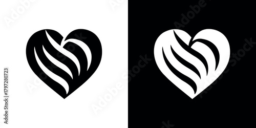 Heart Shaped Icon with Wave Lines in Black and White Monochrome Arrangement