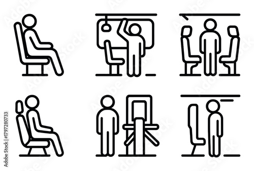 Public transportation icons: bus, train, turnstile, standing passengers, seated passengers