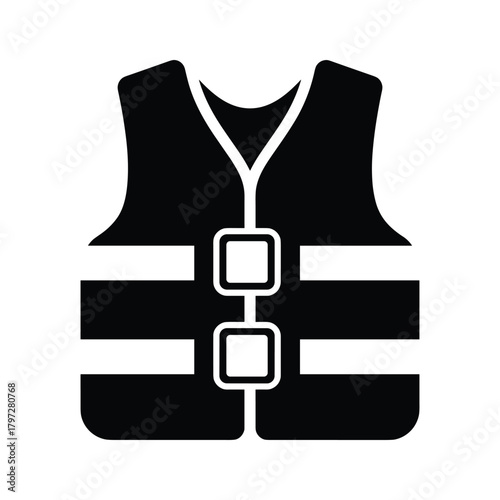 Black and white graphic icon of a life vest with reflective stripes life jacket safety vest