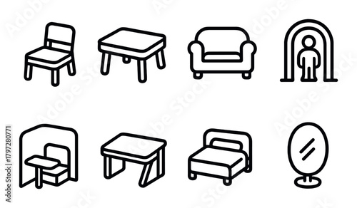 Minimalist icons of furniture and interior elements in black on dark background