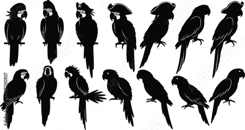Parrot silhouette vector set, pirate-themed bird icons, perched tropical illustrations, black and white exotic animal design, cartoon character elements