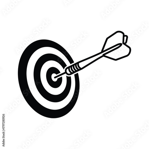 Black and white graphic of a dart hitting a bullseye target icon game sport