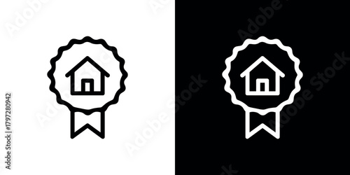 Home Award Ribbon Icon with Peak Roof House in Center, Minimalist Style