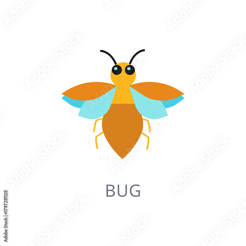 Colorful flying bug icon with stylized wings, isolated flat vector design for nature and entomology