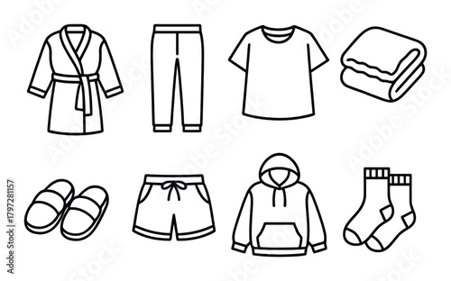 Cozy wardrobe essentials: bathrobe, joggers, t-shirt, blanket, slippers, shorts, hoodie, socks