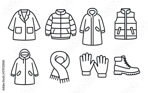 Winter outwear collection: coats, jackets, vests, scarves, gloves, boots line art
