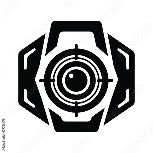 Black camera lens icon with target reticle and hexagonal casing crosshairs camera lens symbol