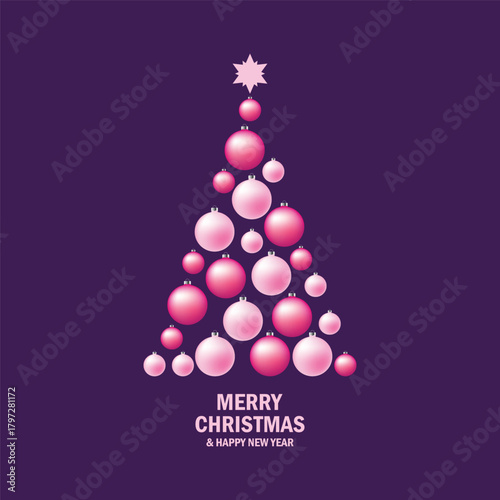 Abstract christmas tree made of pink balls vector illustration. Stylized christmas tree decorated with shiny pink baubles on a purple background. Template for background, banner, card