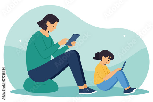 A parent and child are engrossed in separate electronic gadgets, physically present yet emotionally distant, a modern disconnect.
