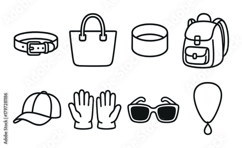 Outline icons of fashion accessories: belt, bag, bracelet, backpack, cap, gloves, sunglasses, necklace