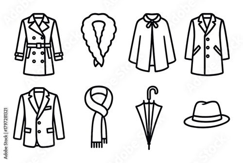 Vector outline icons of fashion accessories and outerwear