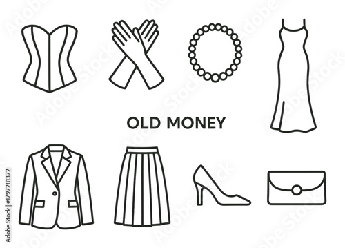 Vintage fashion icons: corset, gloves, pearls, dress, blazer, skirt, heels, clutch