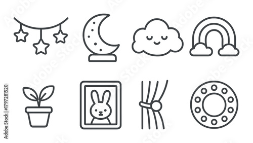 Monochrome decorative icons of moon, cloud, rainbow, and plant