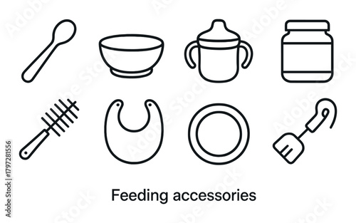 Collection of baby feeding accessories illustrations on dark background