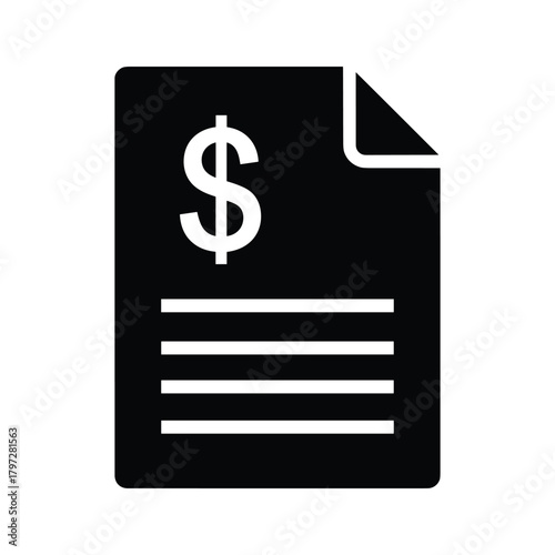 Black document icon with white dollar sign and horizontal lines vector graphic