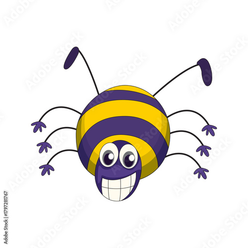 A cheerful and goofy cartoon spider with purple and yellow stripes and a big toothy smile