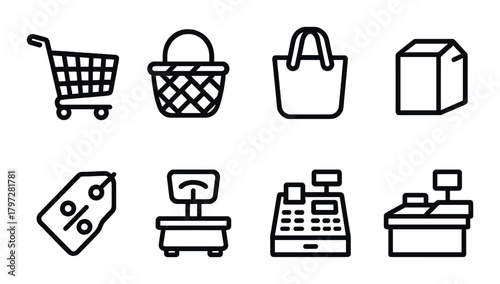 Shopping icons: cart, basket, bag, box, tag, scale, register, checkout
