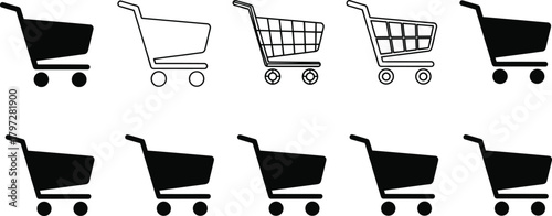 Shopping cart silhouette vector set, retail icon designs, black market symbols, editable clipart bundle, e-commerce concept graphic, consumer goods illustration