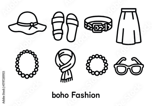 Boho fashion icons with hat, sandals, belt, skirt, necklace, scarf, sunglasses