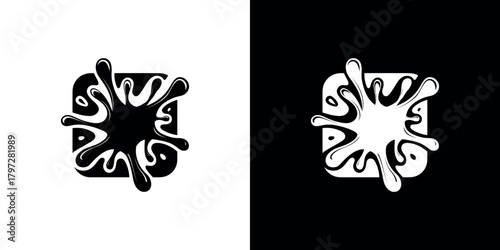 Splatter Abstract Black Ink Spot within Square Border on White Layout