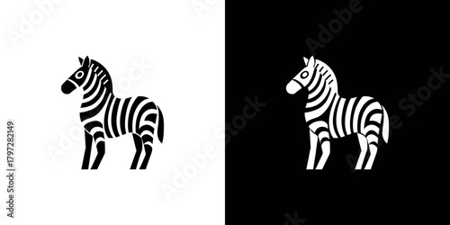 Zebra icon silhouette, African wildlife mammal, black and white contrasting background