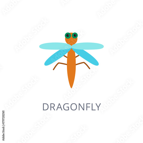 Cute cartoon dragonfly illustration with text and white background, representing nature and insects