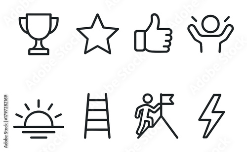 Icon set featuring trophy, star, thumbs up, person, sunrise, ladder, climber, lightning