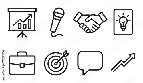 Business presentation icons: microphone, graph, handshake, lightbulb, briefcase, target, speech bubble