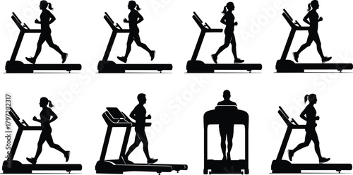 Treadmill workout silhouette vector set, running and walking icons, black fitness designs, editable clipart bundle, exercise concept, gym illustration