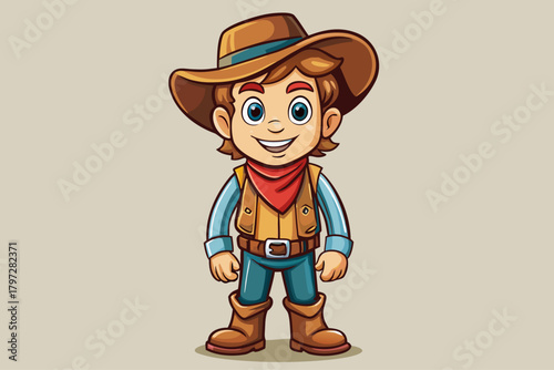 Happy young cowboy character in classic western outfit with hat, boots, vest and bandana, expressive animated design, suitable for storytelling, character illustration, adventure themes and artwork.
