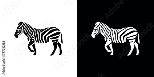 Zebra Silhouette with Stripes Walking on White and Black Backgrounds