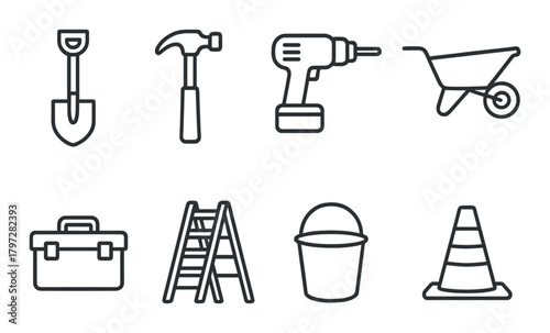 Set of construction icons: tools and equipment silhouettes on metallic background