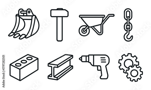 Construction tools: sledgehammer, wheelbarrow, chain, brick, beam, drill, gears