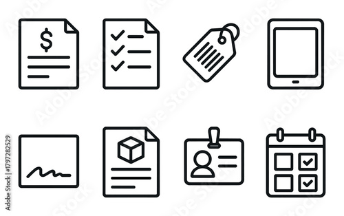 Digital icons: document, checklist, tag, tablet, image, cube, id, calendar